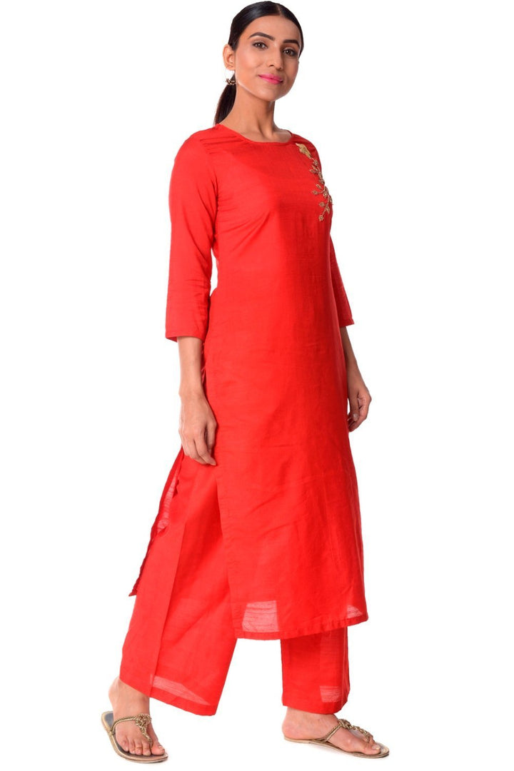 anokherang Combos Red Silk Embroidered Straight Kurti with Straight Palazzos and Gold Polka Dot Dupatta