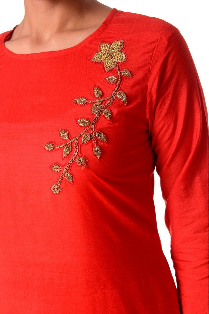 anokherang Combos Red Silk Embroidered Straight Kurti with Straight Palazzos and Gold Polka Dot Dupatta