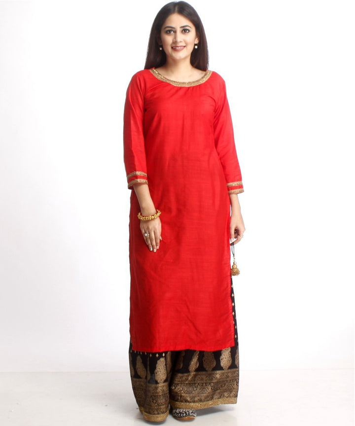 anokherang Combos Red Silk Long Kurti and Black Printed Kalidaar Palazzo