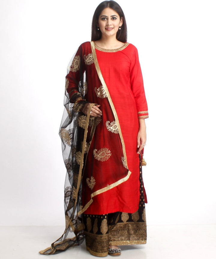 anokherang Combos Red Silk Long Kurti and Black Printed Kalidaar Palazzo with Net Gold Embroidered Dupatta