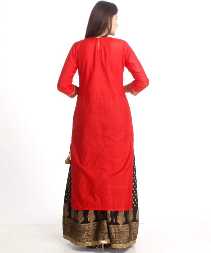 anokherang Combos Red Silk Long Kurti and Black Printed Kalidaar Palazzo with Net Gold Embroidered Dupatta