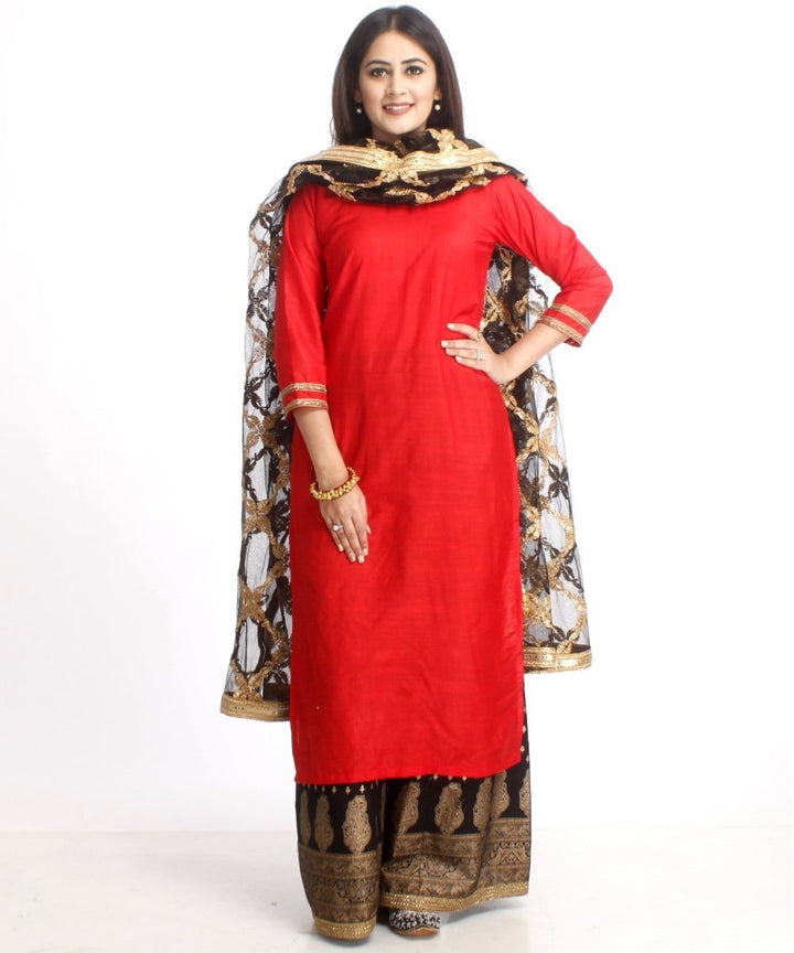 anokherang Combos Red Silk Long Kurti and Black Printed Kalidaar Palazzo with Net Gotta Dupatta