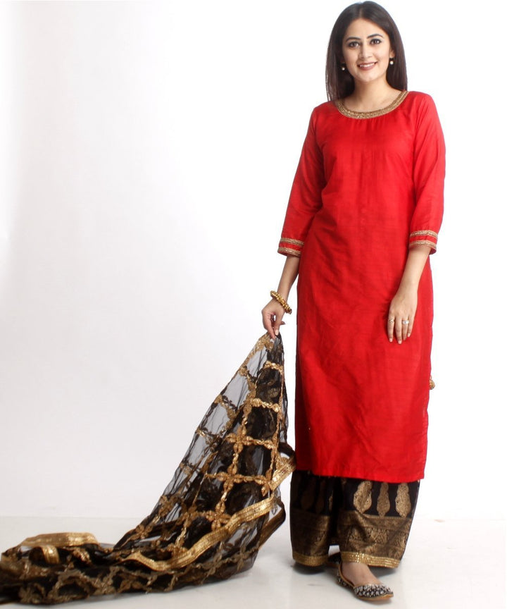 anokherang Combos Red Silk Long Kurti and Black Printed Kalidaar Palazzo with Net Gotta Dupatta