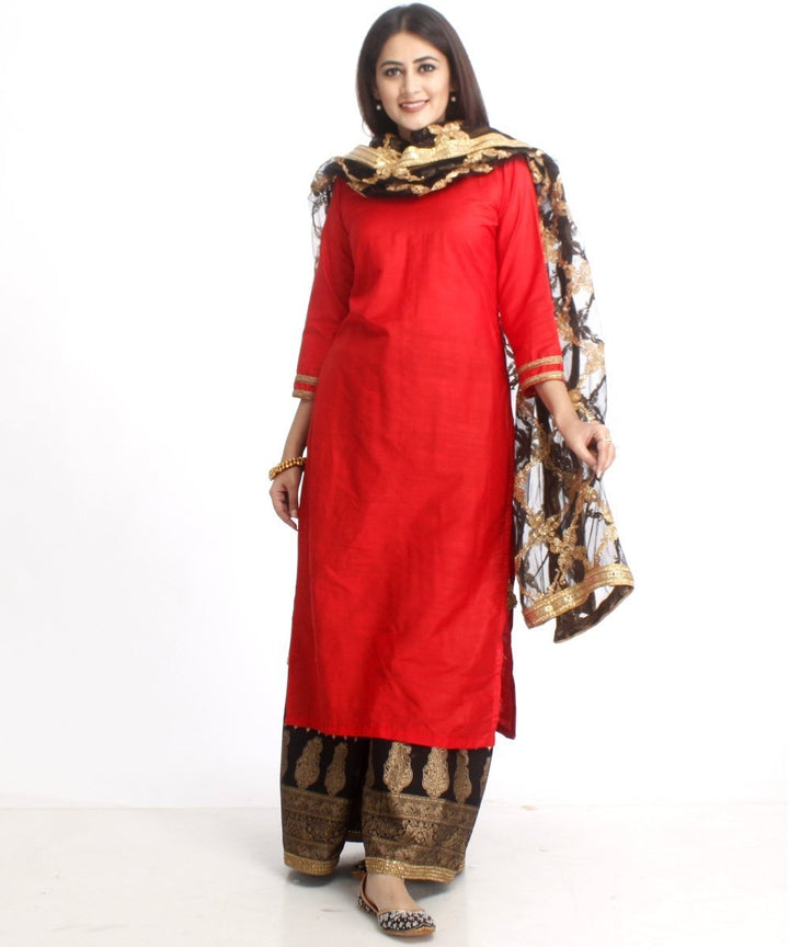 anokherang Combos Red Silk Long Kurti and Black Printed Kalidaar Palazzo with Net Gotta Dupatta