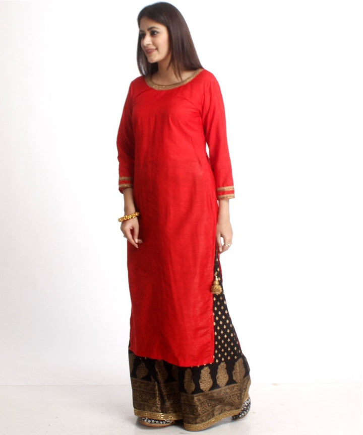 anokherang Combos Red Silk Long Kurti and Black Printed Kalidaar Palazzo with Net Gotta Dupatta