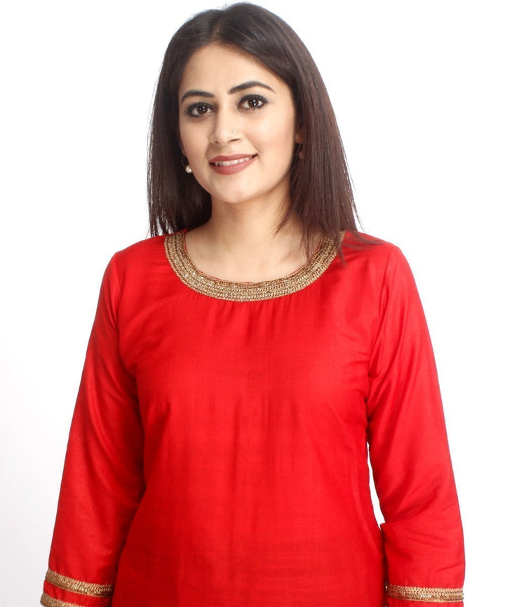 anokherang Combos Red Silk Long Kurti and Black Printed Kalidaar Palazzo with Net Gotta Dupatta