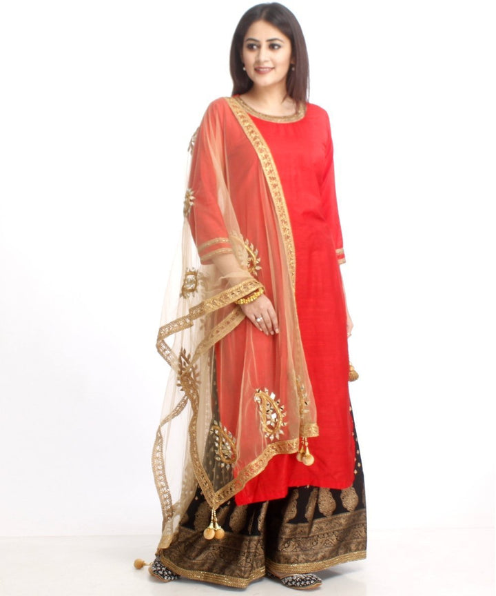 anokherang Combos Red Silk Long Kurti and Black Printed Kalidaar Palazzo with Net Mirror Work Dupatta