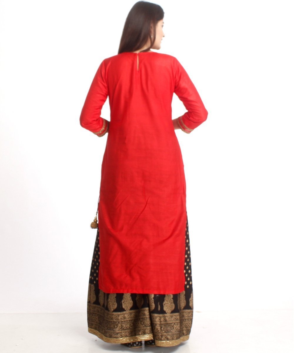 Red Silk Long Kurti and Black Printed Kalidaar Palazzo with Net Gold E –  anokherang