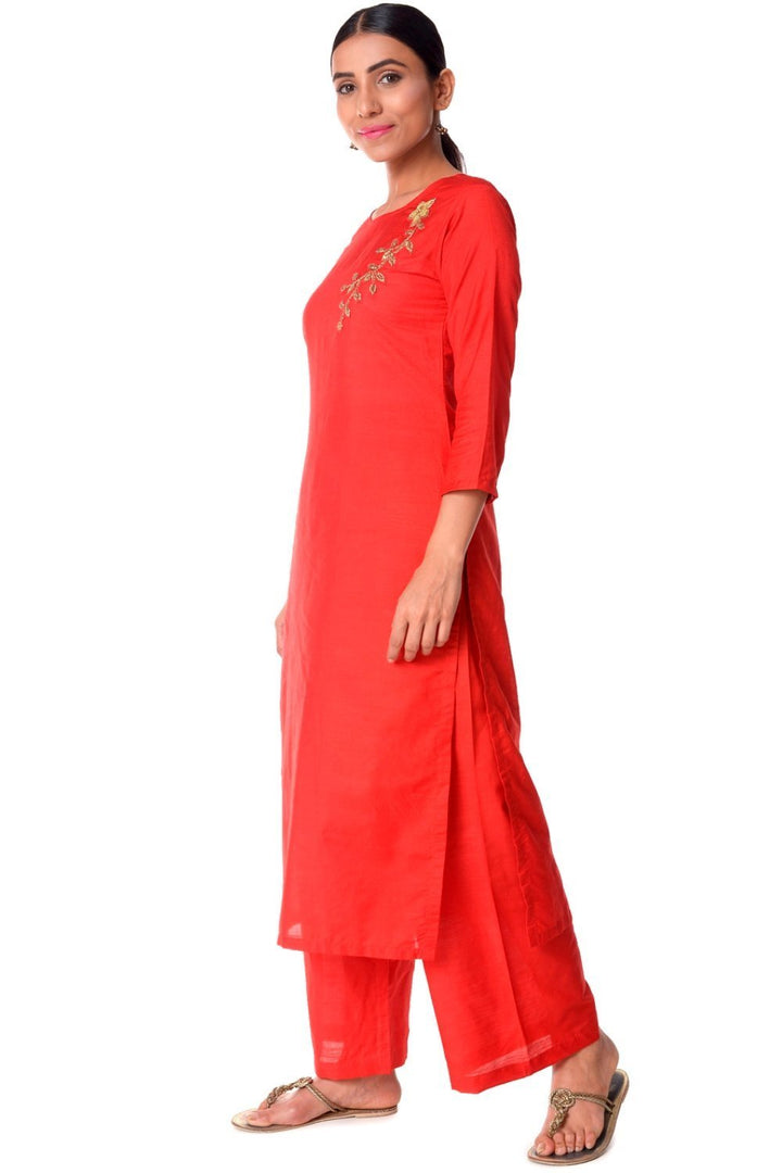 anokherang Combos Red Silk Straight Kurti with Straight Palazzos