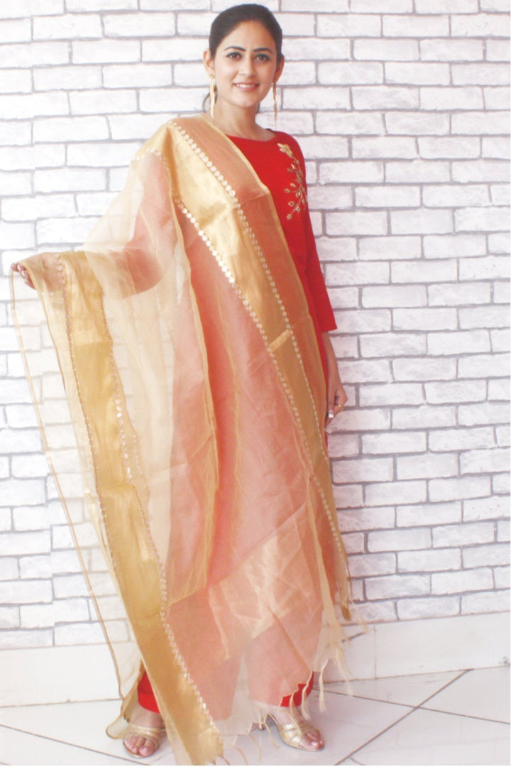 anokherang Combos Red Silk Straight Kurti with Straight Palazzos and Gold Dupatta