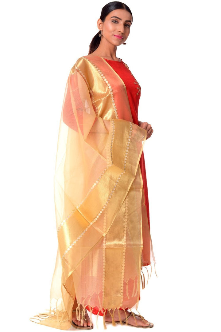 anokherang Combos Red Silk Straight Kurti with Straight Palazzos and Gold Dupatta