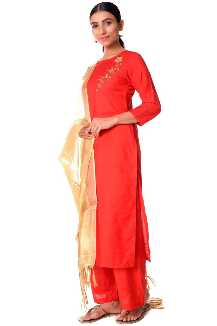 anokherang Combos Red Silk Straight Kurti with Straight Palazzos and Gold Dupatta