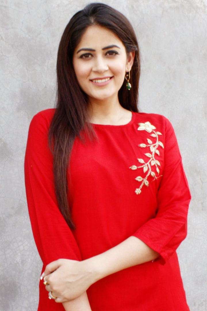 anokherang Combos Red Silk Straight Kurti with Straight Palazzos and Gold Dupatta