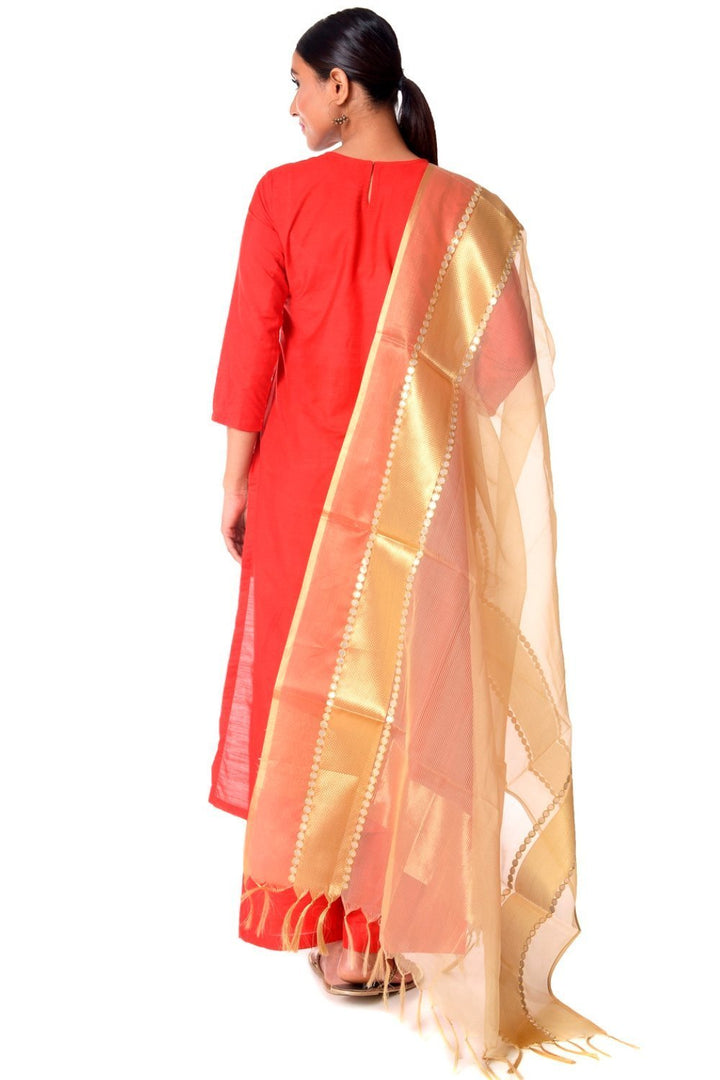 anokherang Combos Red Silk Straight Kurti with Straight Palazzos and Gold Dupatta