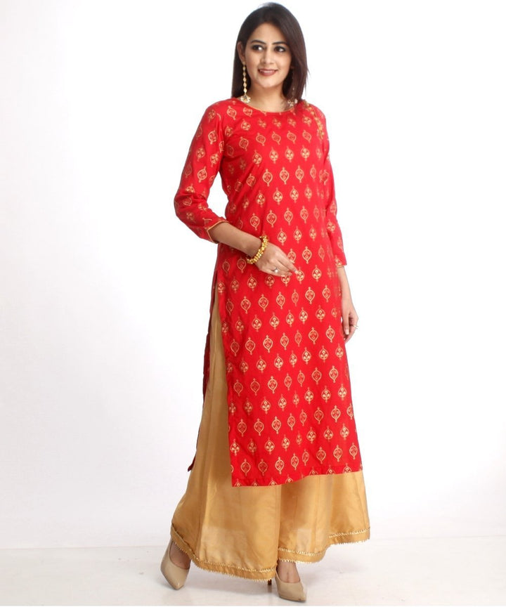 anokherang Combos Red Straight Kurti with Gold Kalidaar Palazzos