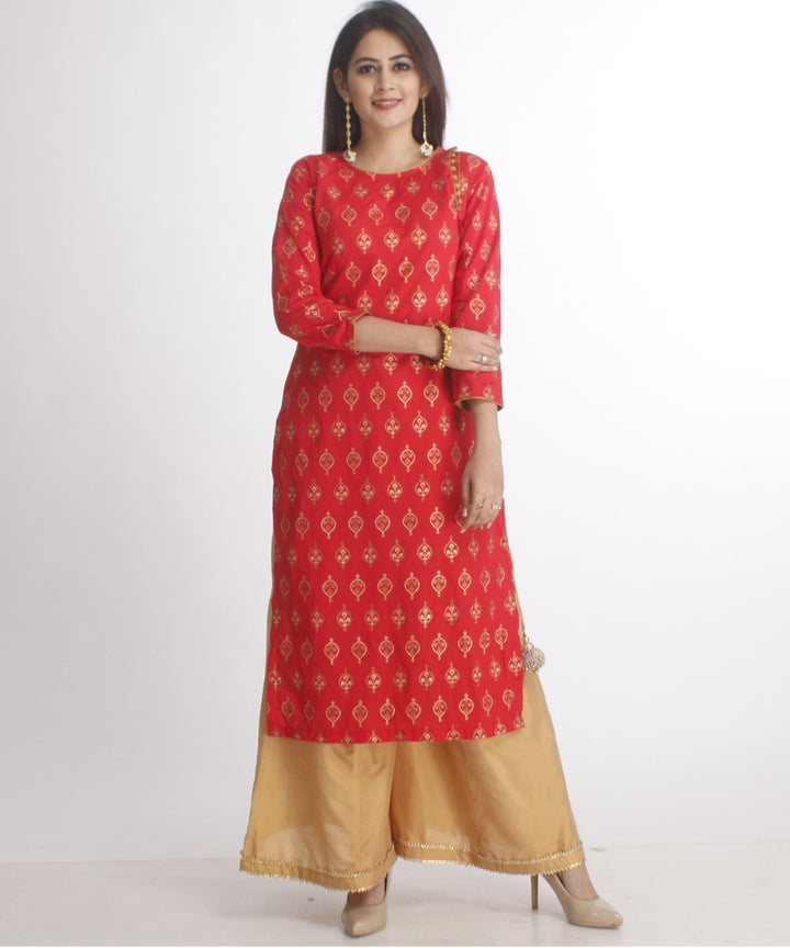 anokherang Combos Red Straight Kurti with Gold Kalidaar Palazzos
