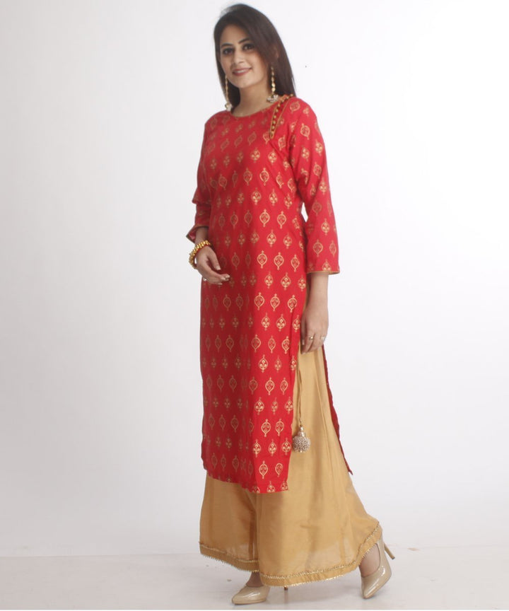 anokherang Combos Red Straight Kurti with Gold Kalidaar Palazzos