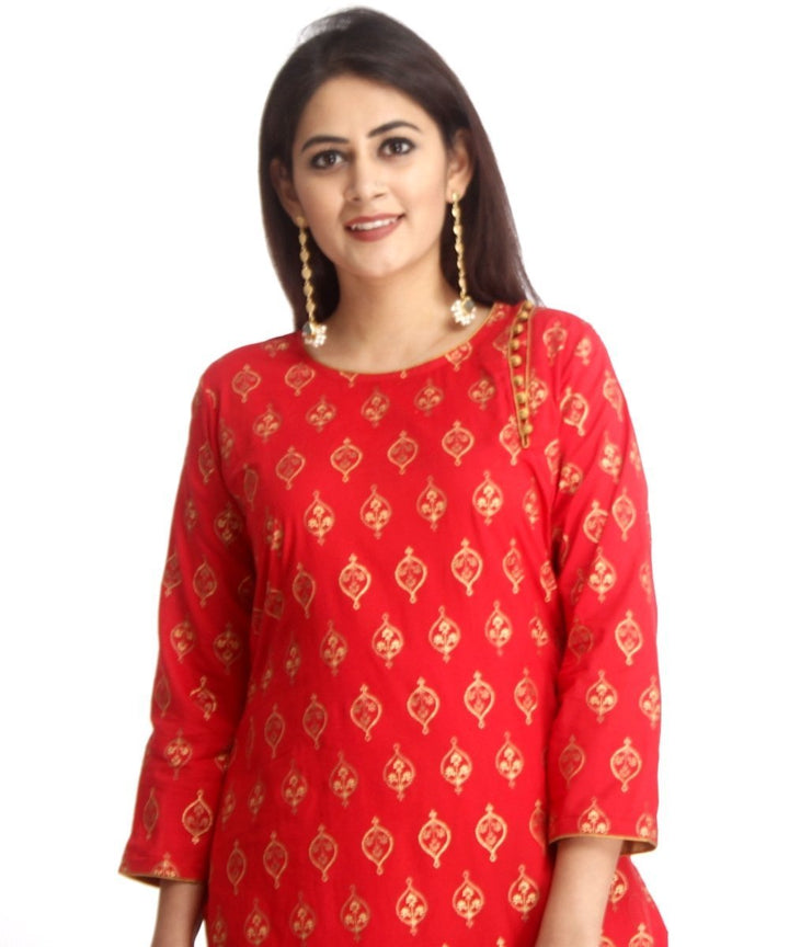 anokherang Combos Red Straight Kurti with Gold Kalidaar Palazzos
