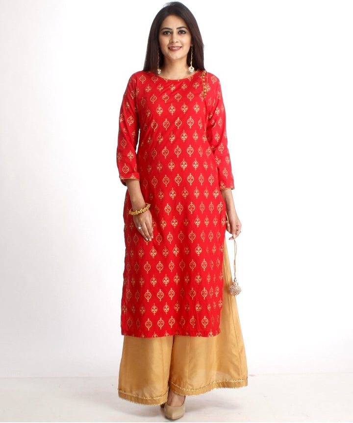 anokherang Combos Red Straight Kurti with Gold Kalidaar Palazzos