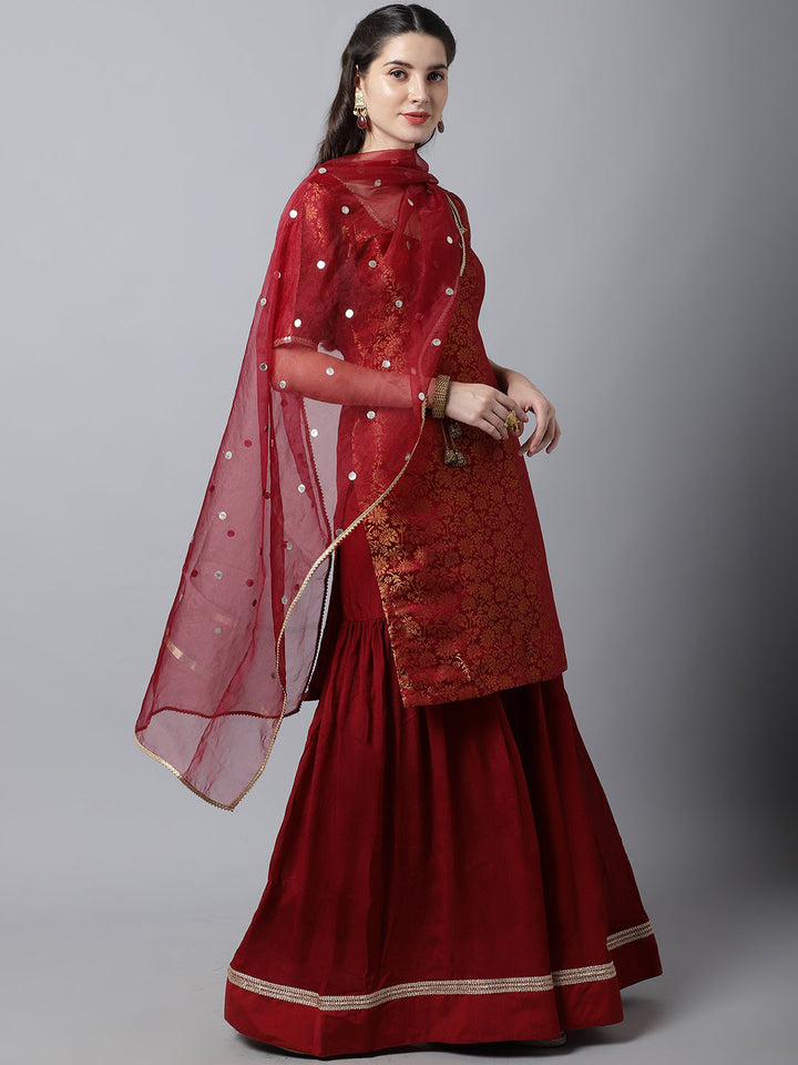 anokherang Combos Regal Maroon Brocade Kurti with Sharara And Organza Dupatta