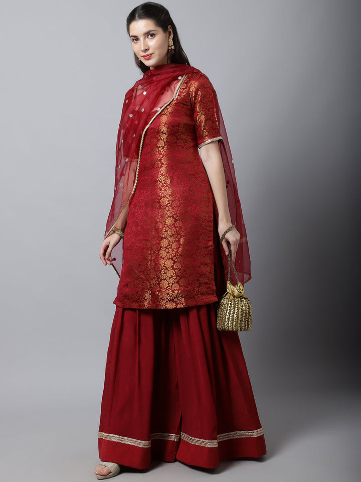 anokherang Combos Regal Maroon Brocade Kurti with Sharara And Organza Dupatta
