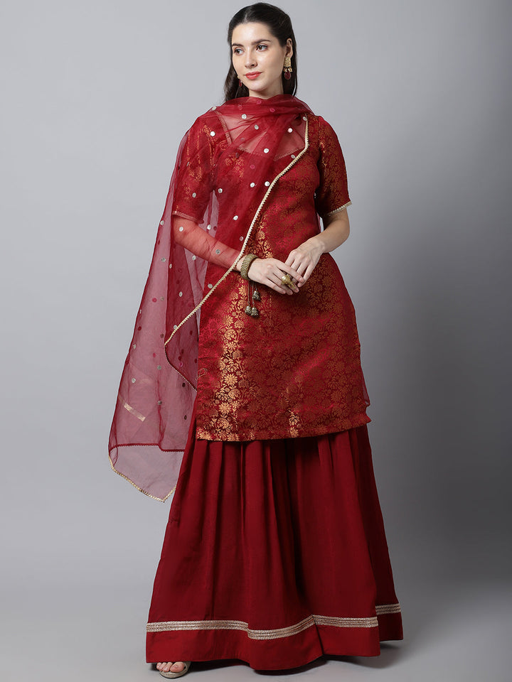 anokherang Combos Regal Maroon Brocade Kurti with Sharara And Organza Dupatta