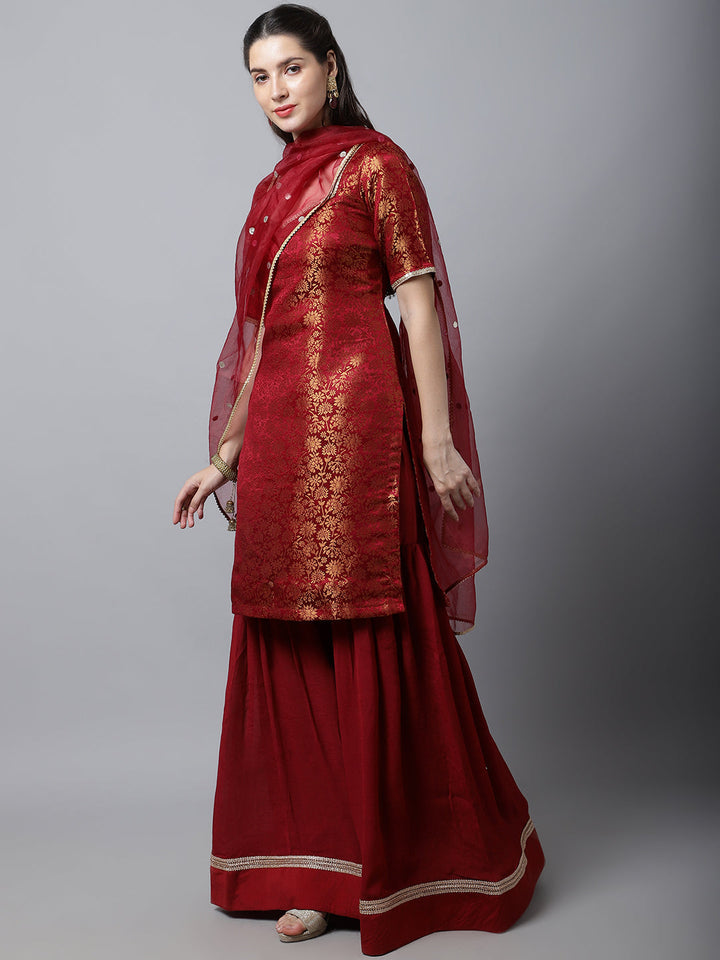 anokherang Combos Regal Maroon Brocade Kurti with Sharara And Organza Dupatta