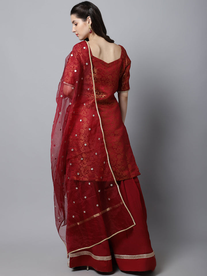 anokherang Combos Regal Maroon Brocade Kurti with Sharara And Organza Dupatta