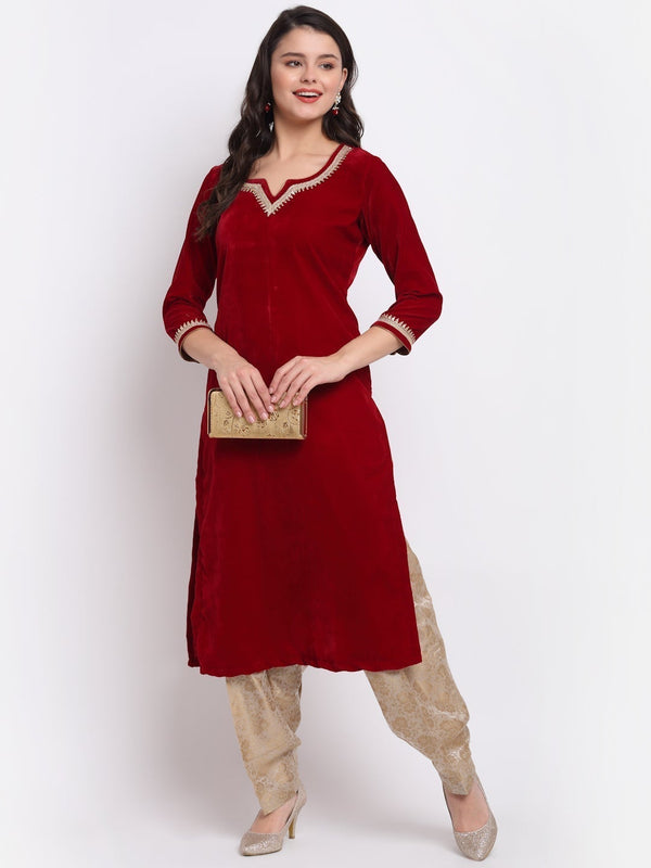 anokherang Combos Rich Maroon Velvet Kurti with Brocade Salwar