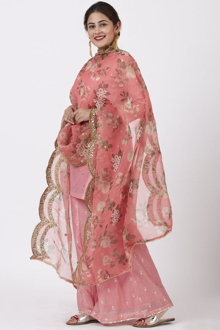 anokherang Combos Rose Pink Foil Printed Kurti with Flared Palazzo and Floral Sequence Embroidered Organza Dupatta