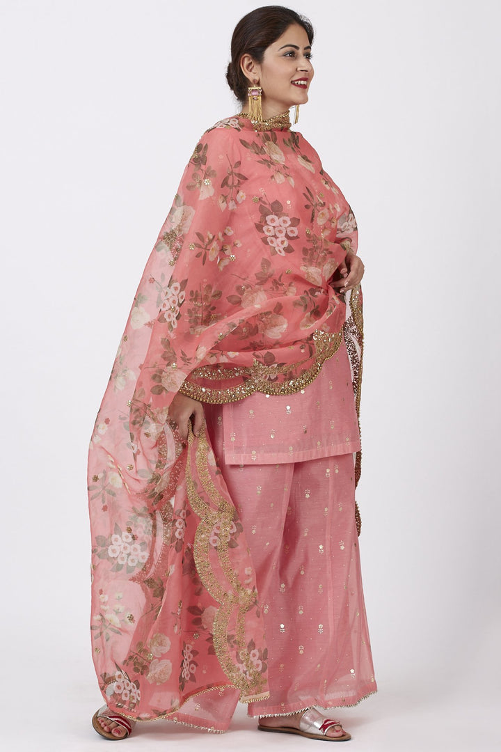 anokherang Combos Rose Pink Foil Printed Kurti with Flared Palazzo and Floral Sequence Embroidered Organza Dupatta
