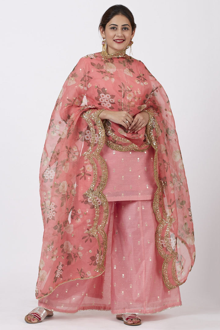 anokherang Combos Rose Pink Foil Printed Kurti with Flared Palazzo and Floral Sequence Embroidered Organza Dupatta