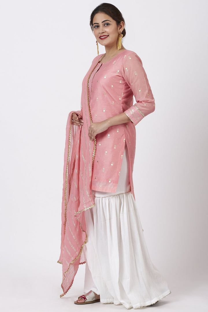anokherang Combos Rose Pink Foil Printed Kurti with Gathered Palazzo and Celeste Dupatta
