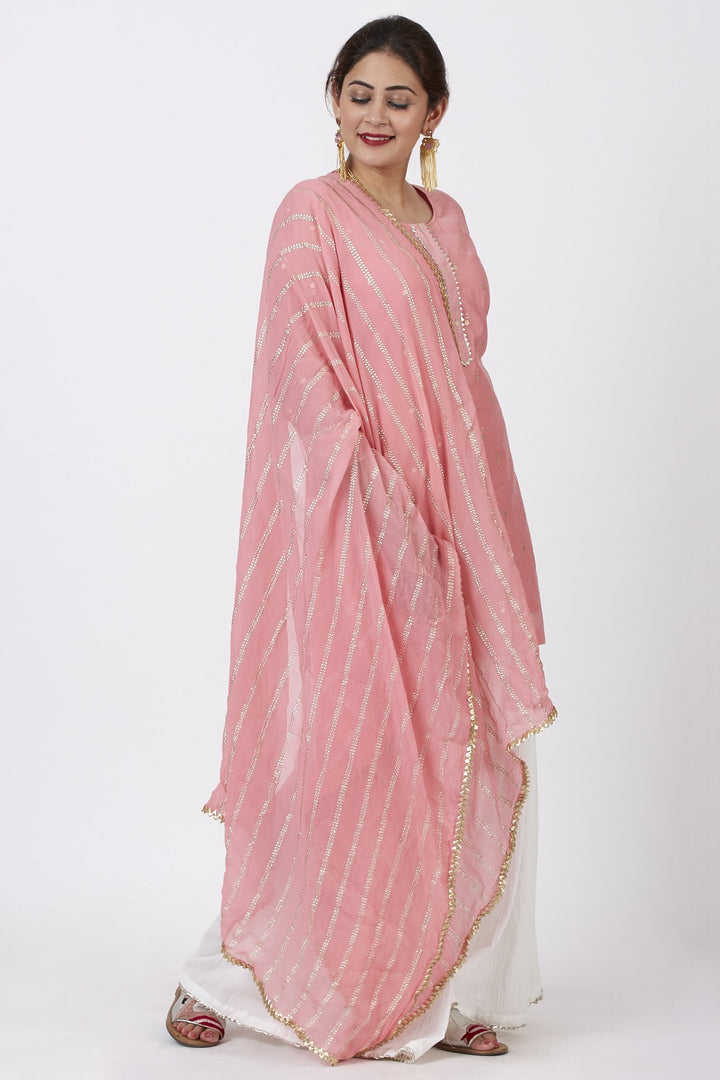 anokherang Combos Rose Pink Foil Printed Kurti with Gathered Palazzo and Celeste Dupatta