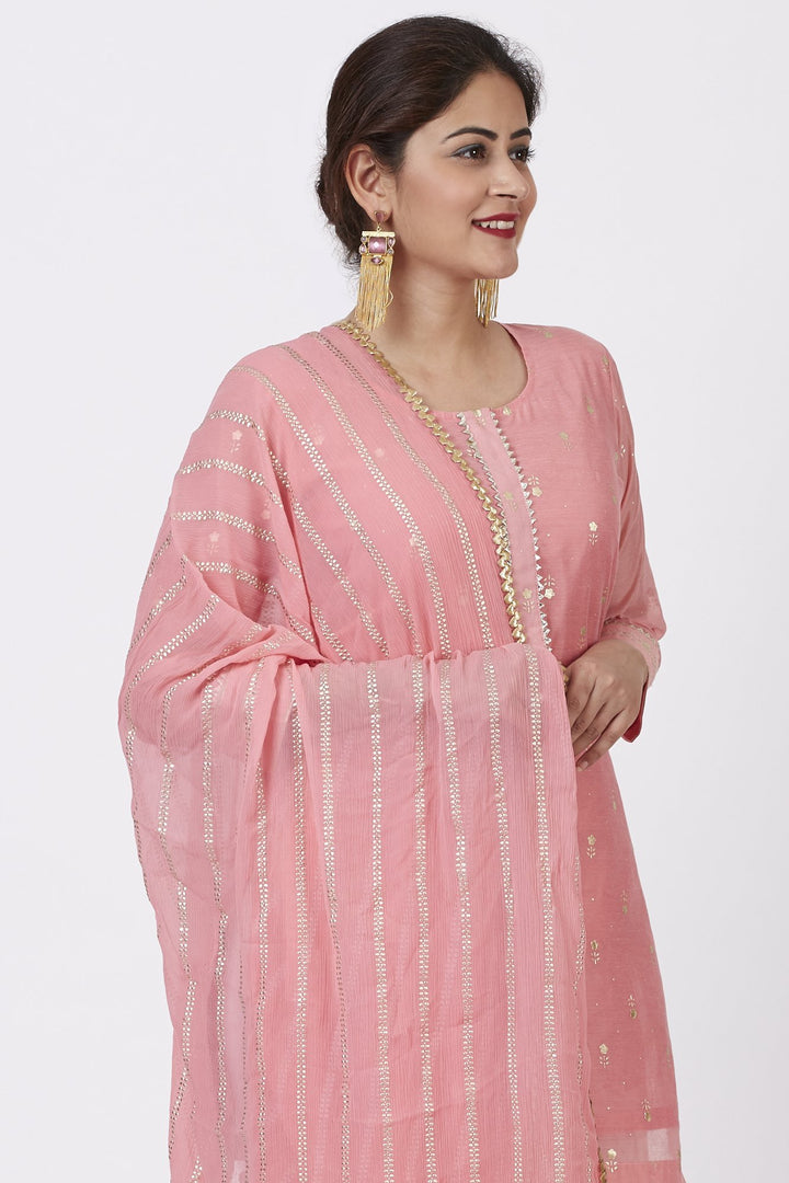 anokherang Combos Rose Pink Foil Printed Kurti with Gathered Palazzo and Celeste Dupatta