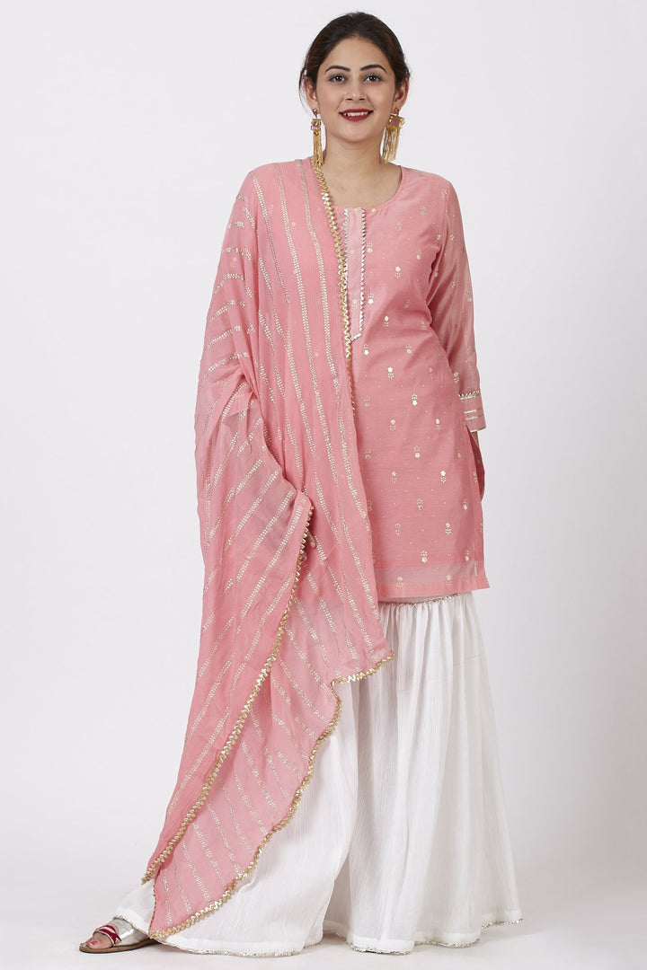 anokherang Combos Rose Pink Foil Printed Kurti with Gathered Palazzo and Celeste Dupatta