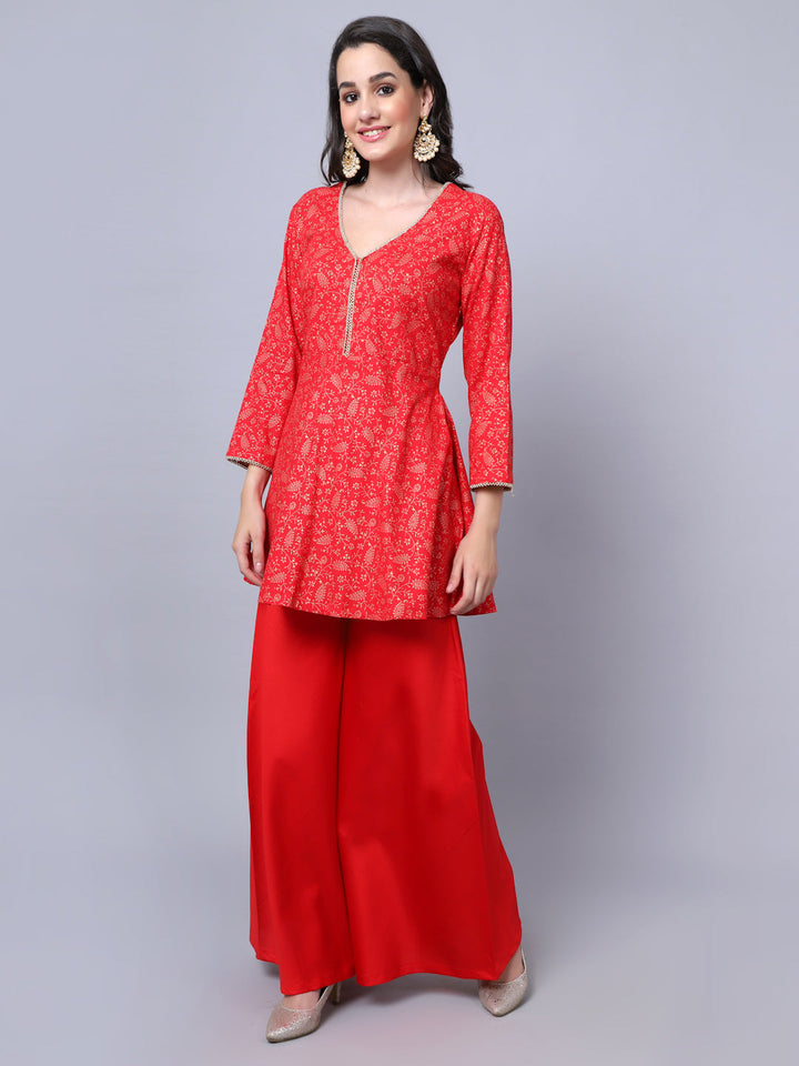 anokherang Combos Rose Red Printed Short Kurti with Flared Palazzo