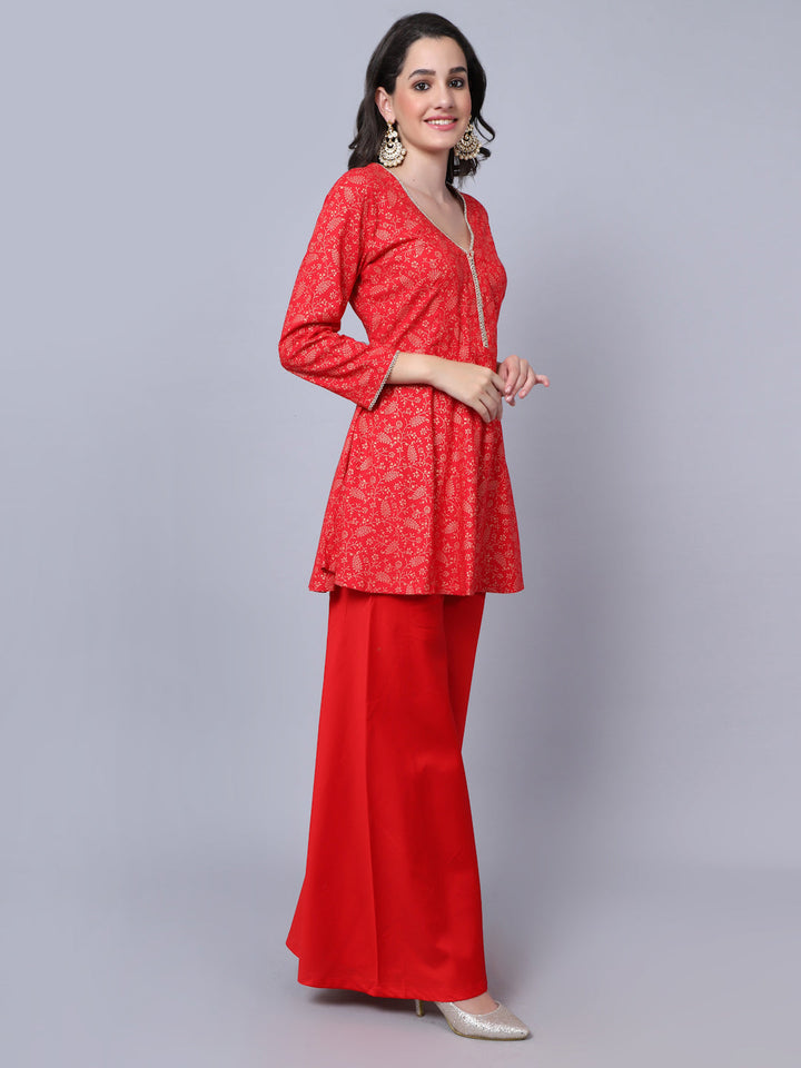 anokherang Combos Rose Red Printed Short Kurti with Flared Palazzo