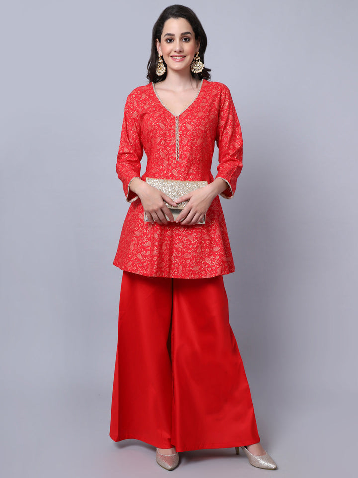 anokherang Combos Rose Red Printed Short Kurti with Flared Palazzo