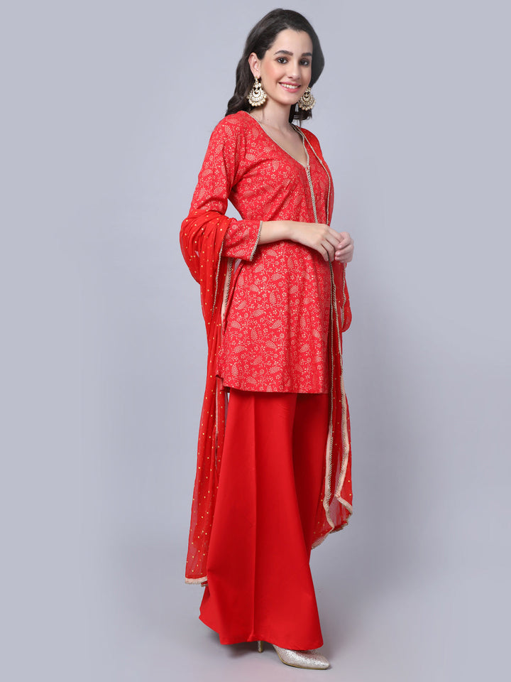anokherang Combos Rose Red Printed Short Kurti with Flared Palazzo and Dupatta