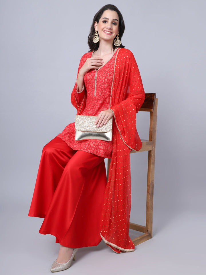 anokherang Combos Rose Red Printed Short Kurti with Flared Palazzo and Dupatta