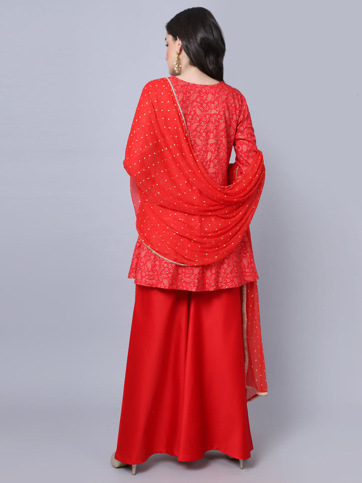 anokherang Combos Rose Red Printed Short Kurti with Flared Palazzo and Dupatta