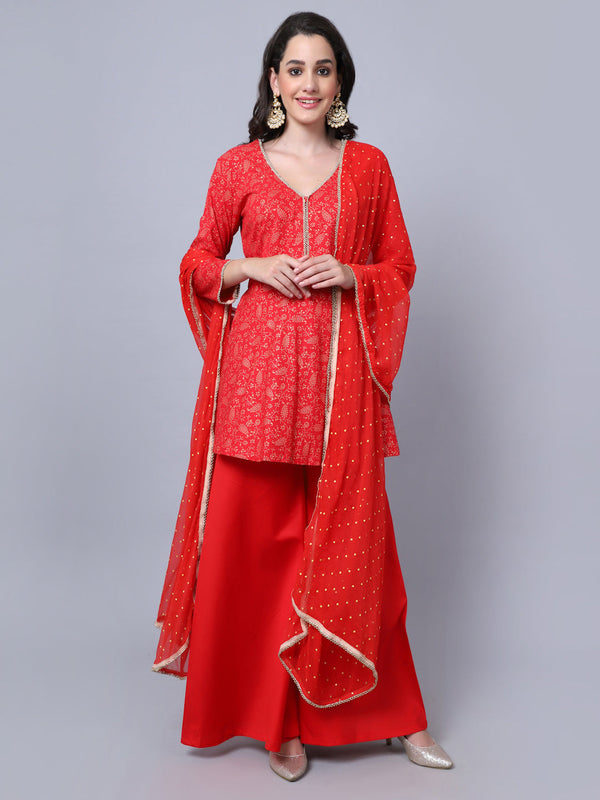 anokherang Combos Rose Red Printed Short Kurti with Flared Palazzo and Dupatta Couple Matching Dress