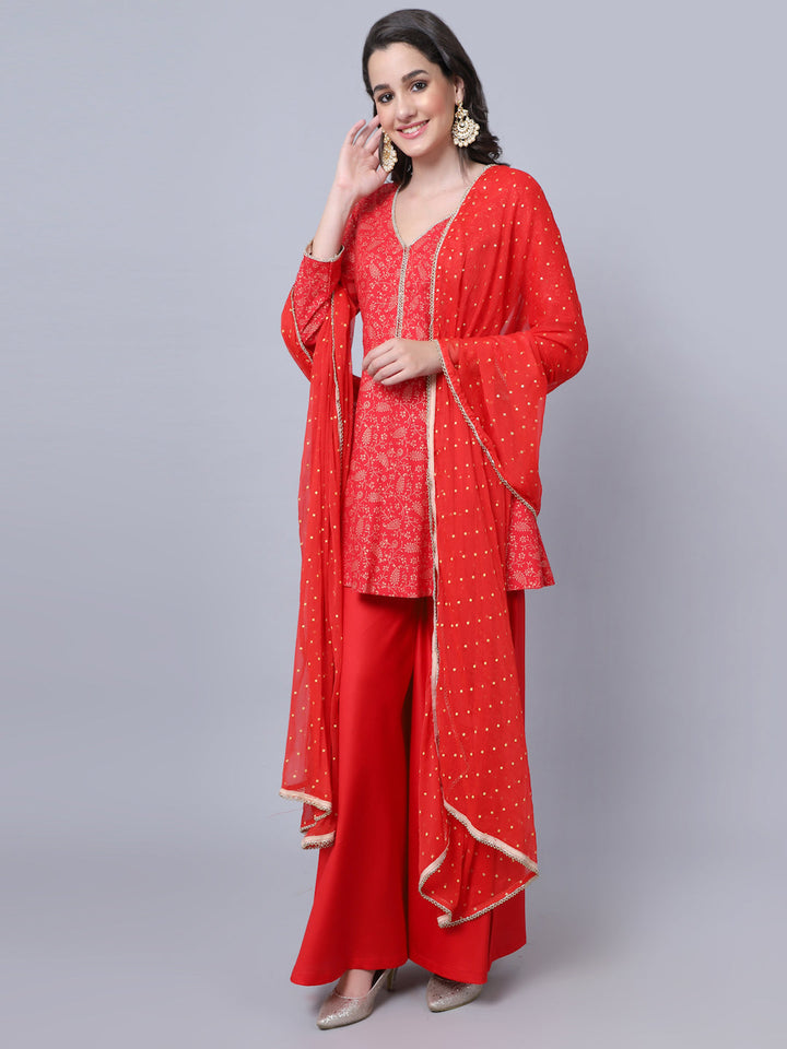 anokherang Combos Rose Red Printed Short Kurti with Flared Palazzo and Dupatta Couple Matching Dress