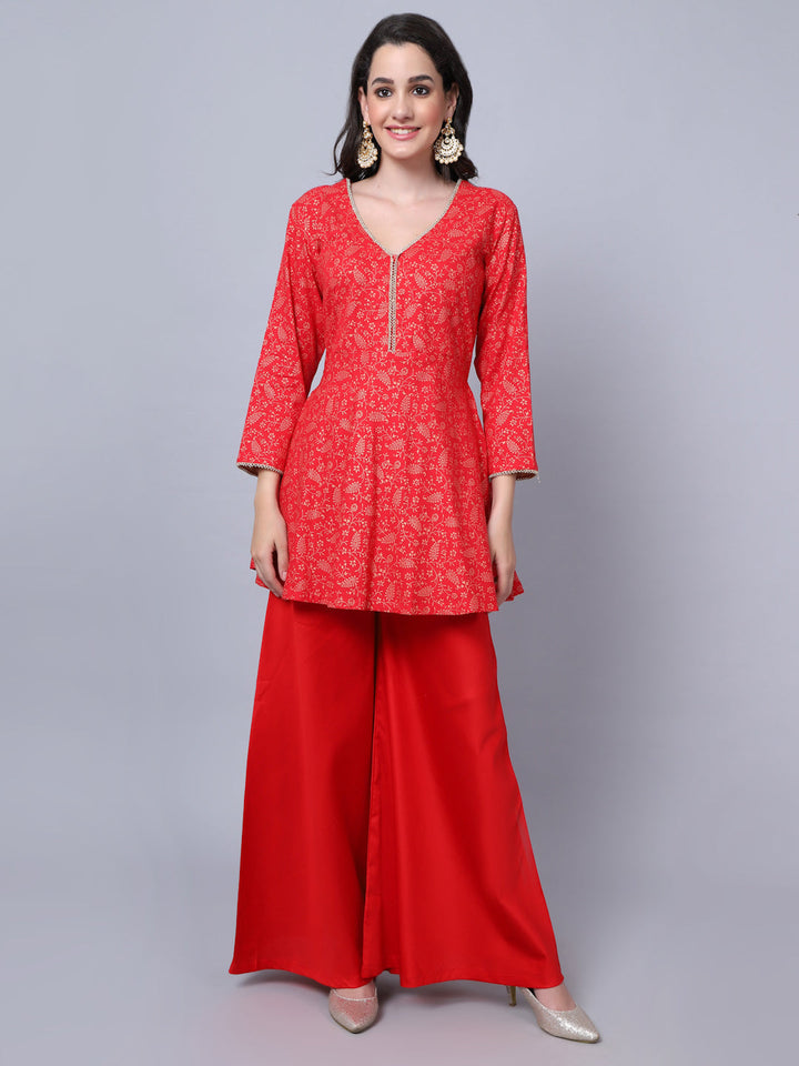 anokherang Combos Rose Red Printed Short Kurti with Flared Palazzo Couple Matching Dress