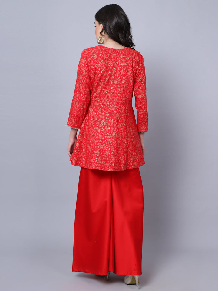 anokherang Combos Rose Red Printed Short Kurti with Flared Palazzo Couple Matching Dress