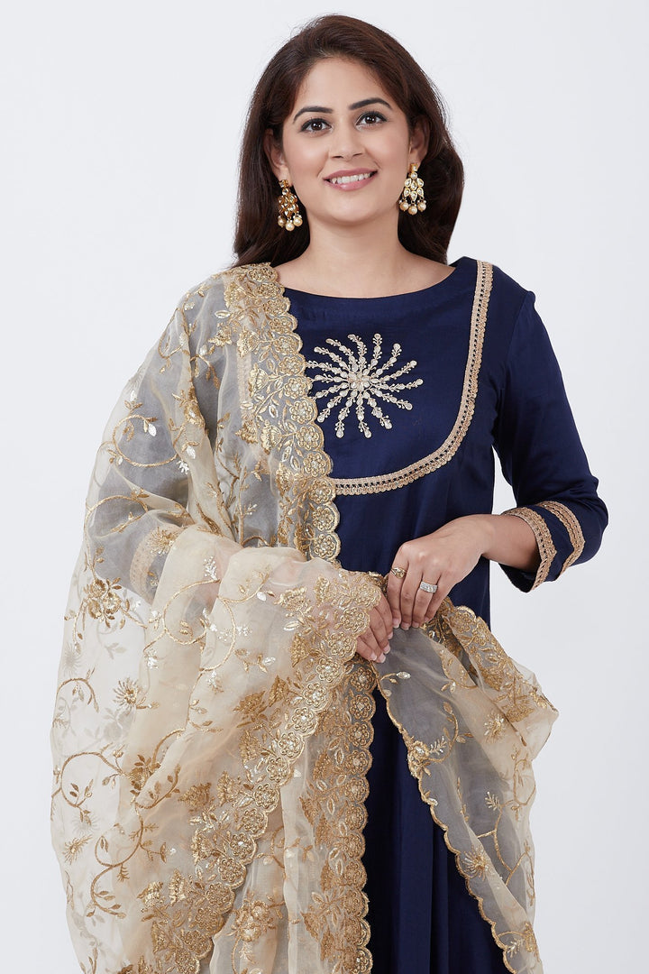 anokherang Combos Royal Blue Embroidered Yoke Floor Length with Gold Thread Embroidered Dupatta