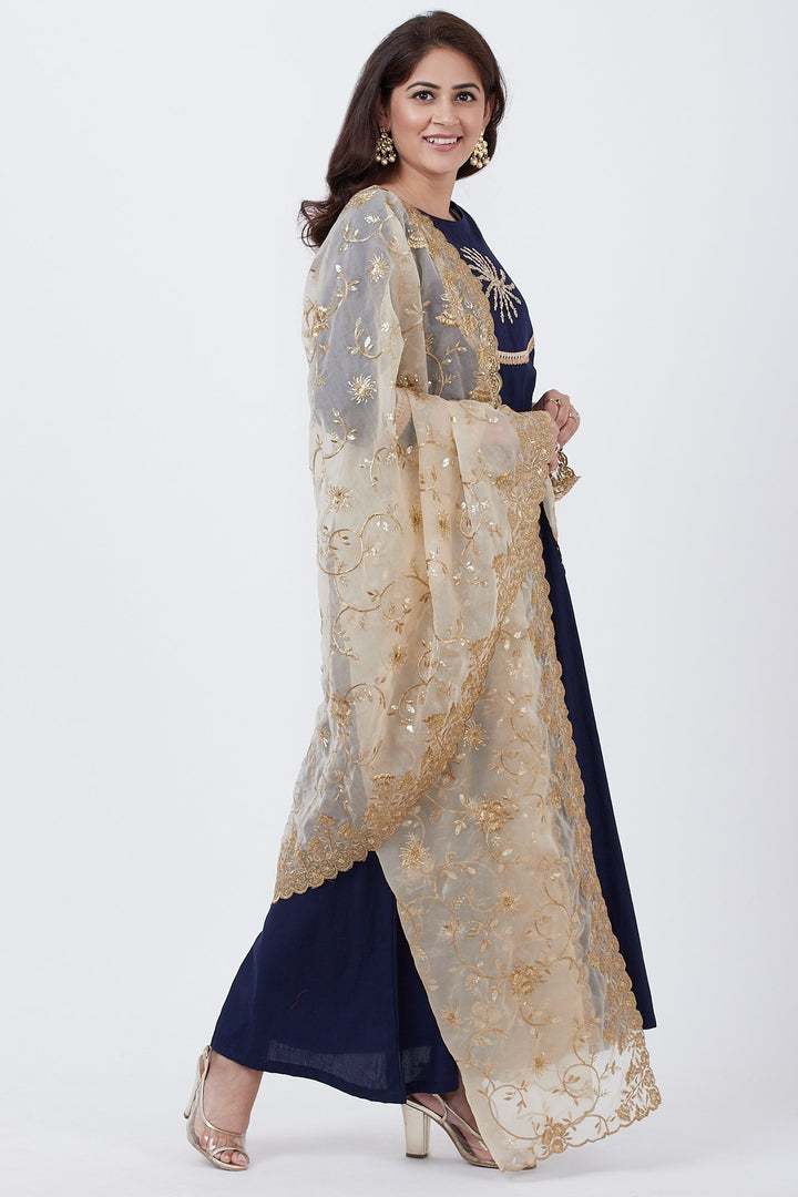 anokherang Combos Royal Blue Embroidered Yoke Floor Length with Gold Thread Embroidered Dupatta