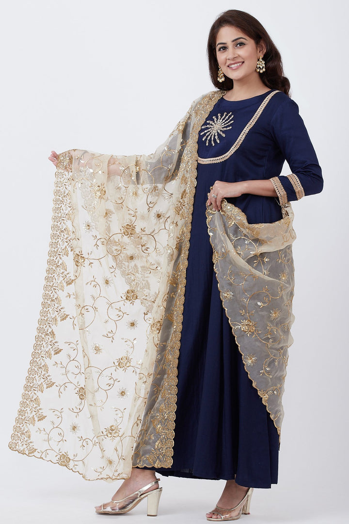 anokherang Combos Royal Blue Embroidered Yoke Floor Length with Gold Thread Embroidered Dupatta