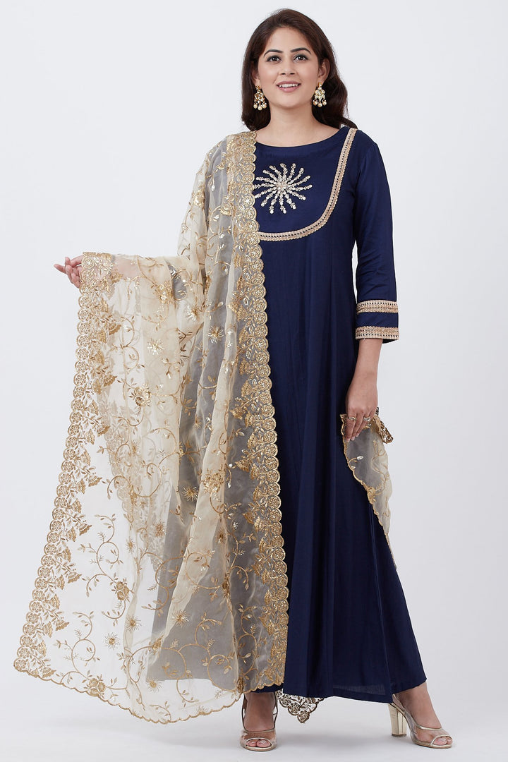 anokherang Combos Royal Blue Embroidered Yoke Floor Length with Gold Thread Embroidered Dupatta